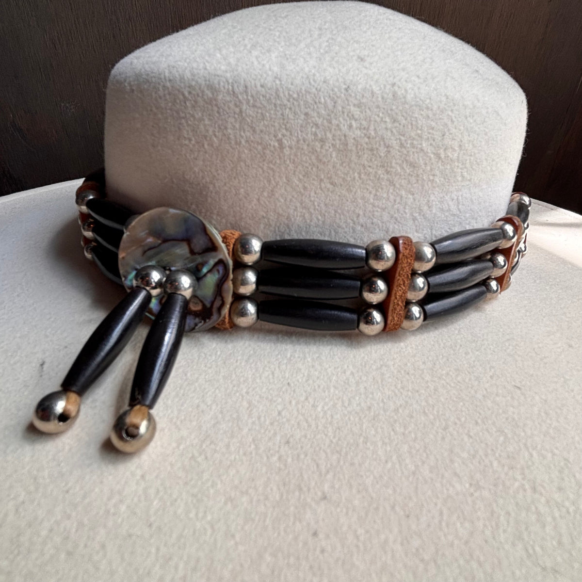 Vintage Beaded Leather Hat Band with Abalone