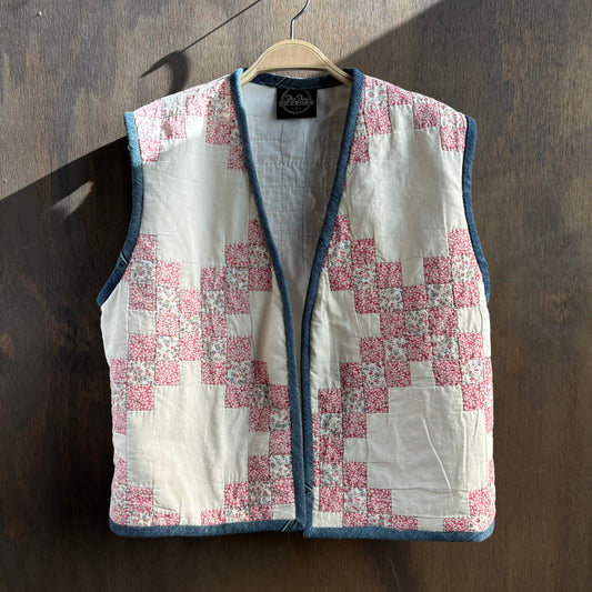 Vintage Pink Quilt Vest with Denim Trim