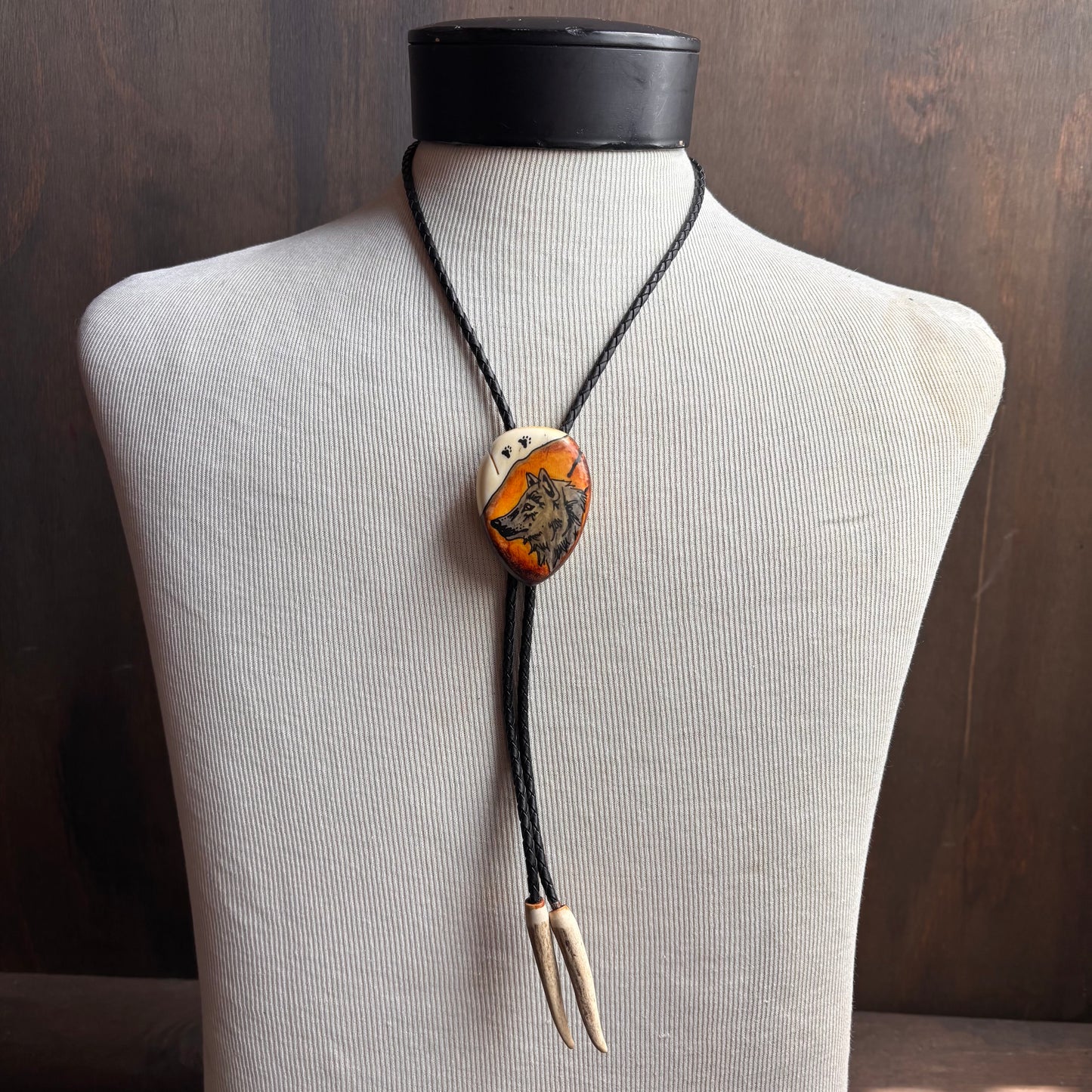 Hand Painted Wolf Bolo on Black Leather Tie