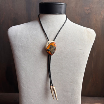 Hand Painted Wolf Bolo on Black Leather Tie