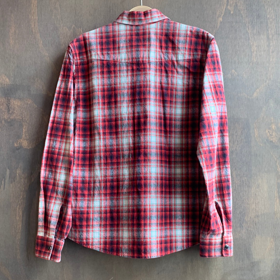Fitted red plaid pearl snap button up