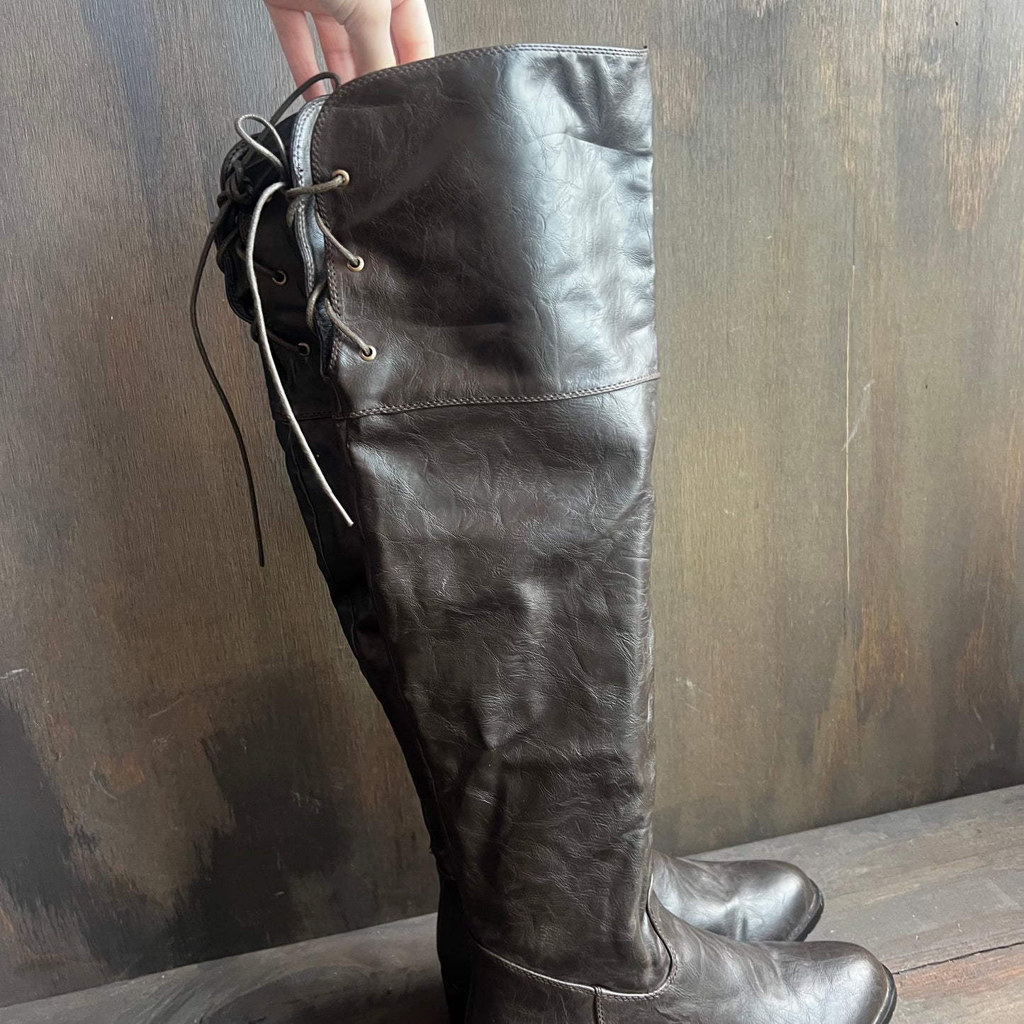 Brown Leather Thigh High Lace Up Boots