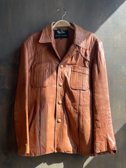 Brown Leather Jacket with Woven Details