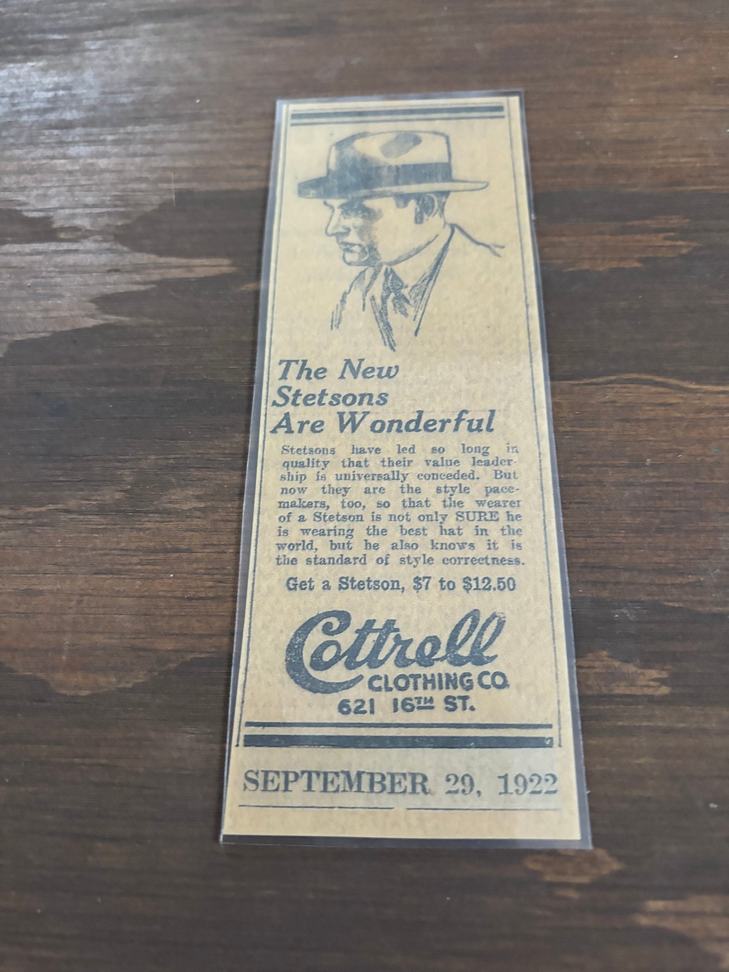 Stetson Newspaper Ad Bookmark