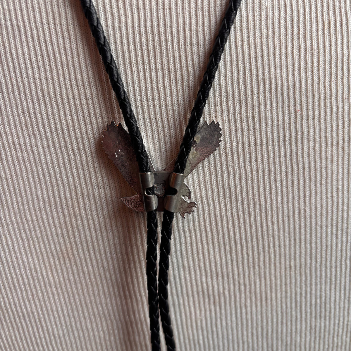 Turquoise Chip Bird Bolo on Black Leather Tie