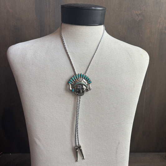 Indigenous Chief Turquoise Bolo on Silver Tie