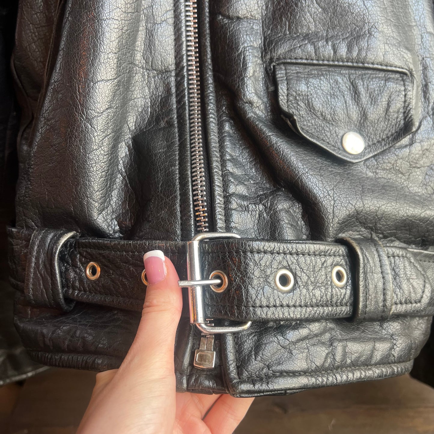 Black Leather Jacket with Silver Buttons and Buckle