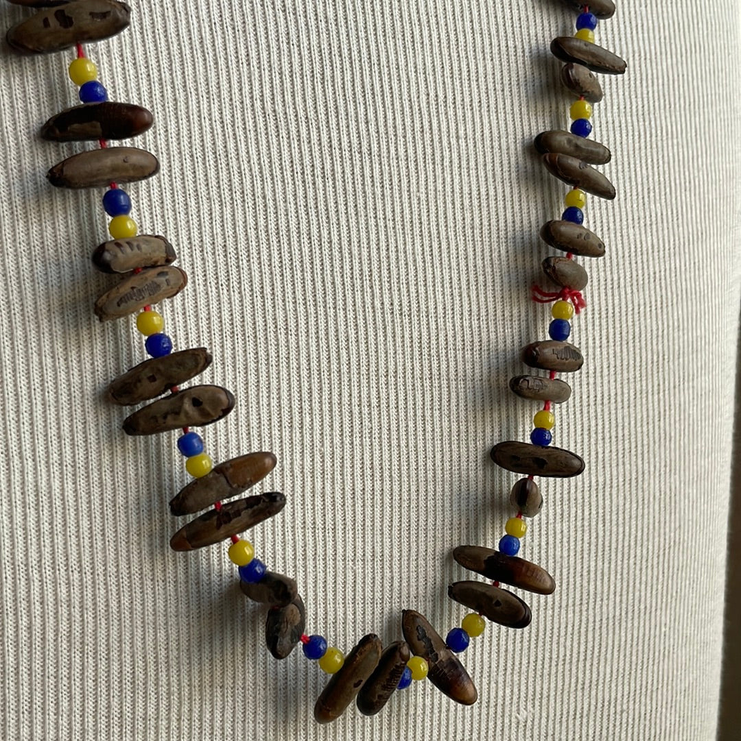 Blue Yellow and Nut Beaded Necklace