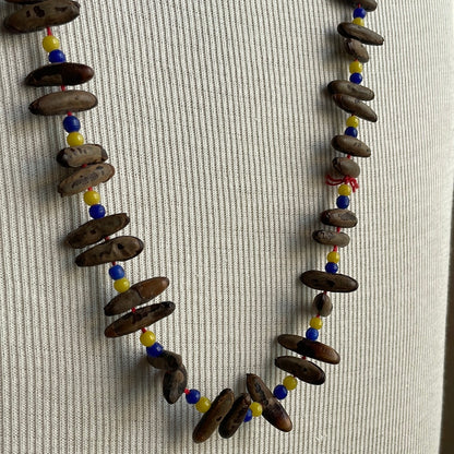 Blue Yellow and Nut Beaded Necklace