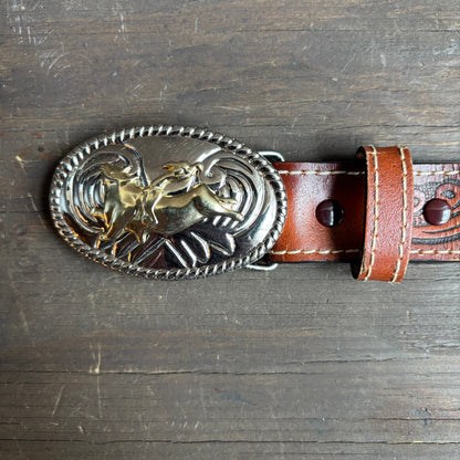 Kids Nocona Tooled Leather Belt with Bull Rider Buckle