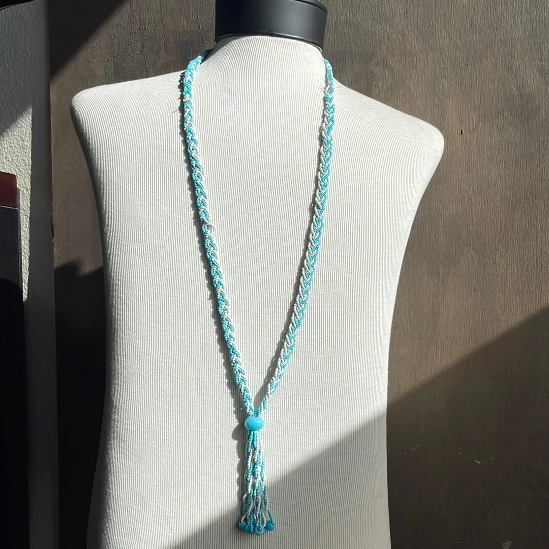 Blue and white beaded braided long necklace