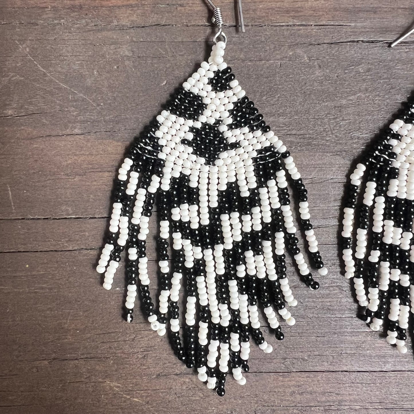 Black and White Beaded Tassel Earrings