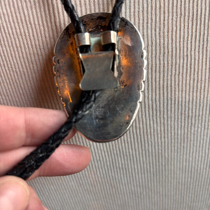 Vintage Abalone and Turquoise Bolo and Black Leather Tie