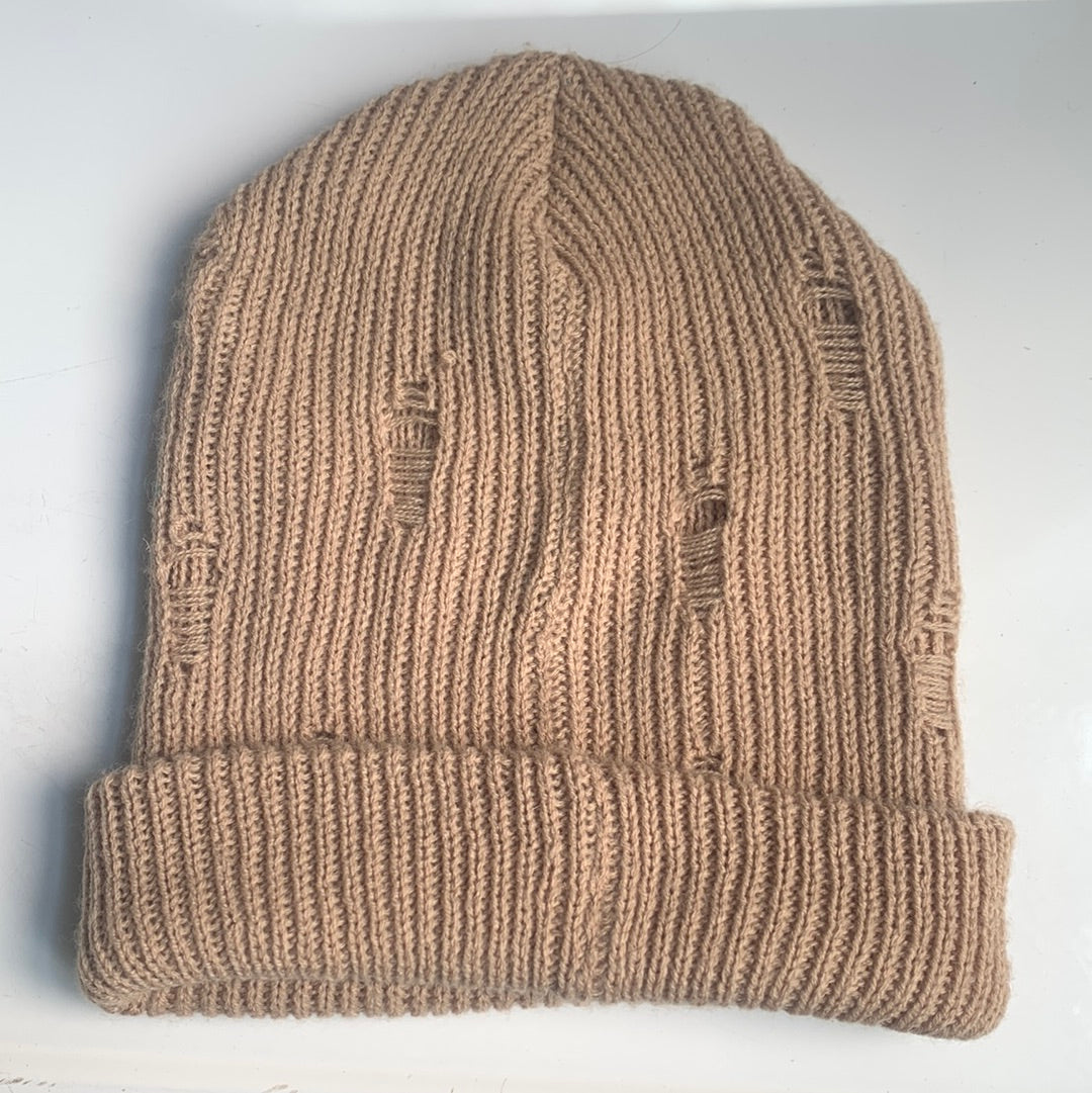 Beige Distressed Winter Hat