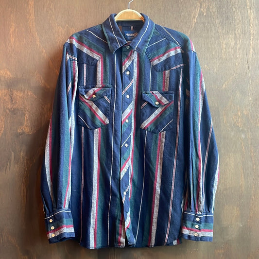 Wrangler Navy Striped Flannel Pearl Snap