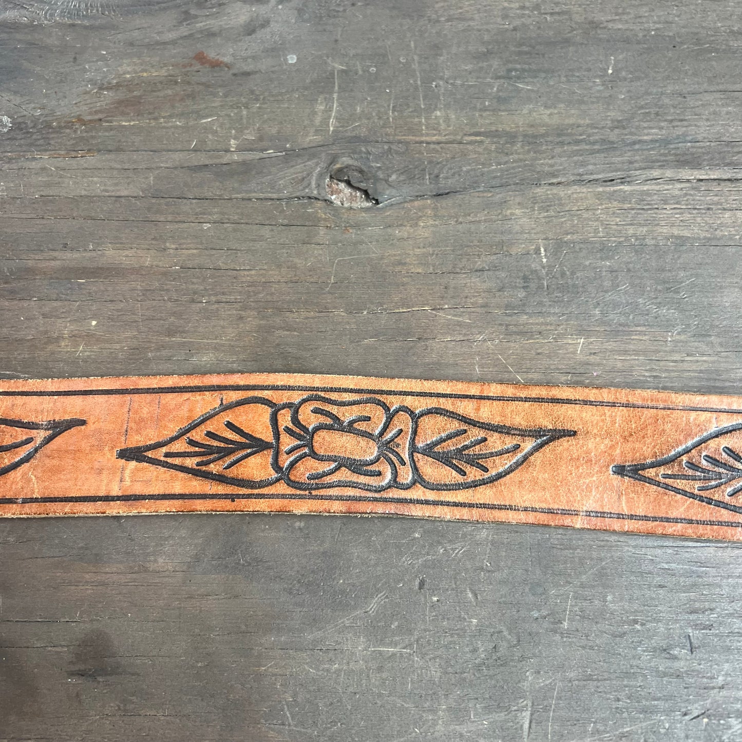 Leather Belt with Black Floral Pattern