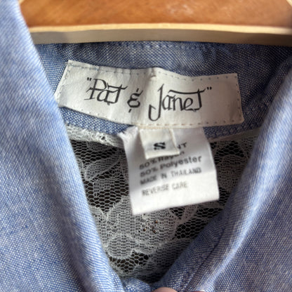 Vintage Denim Shirt with Pearls and Lace