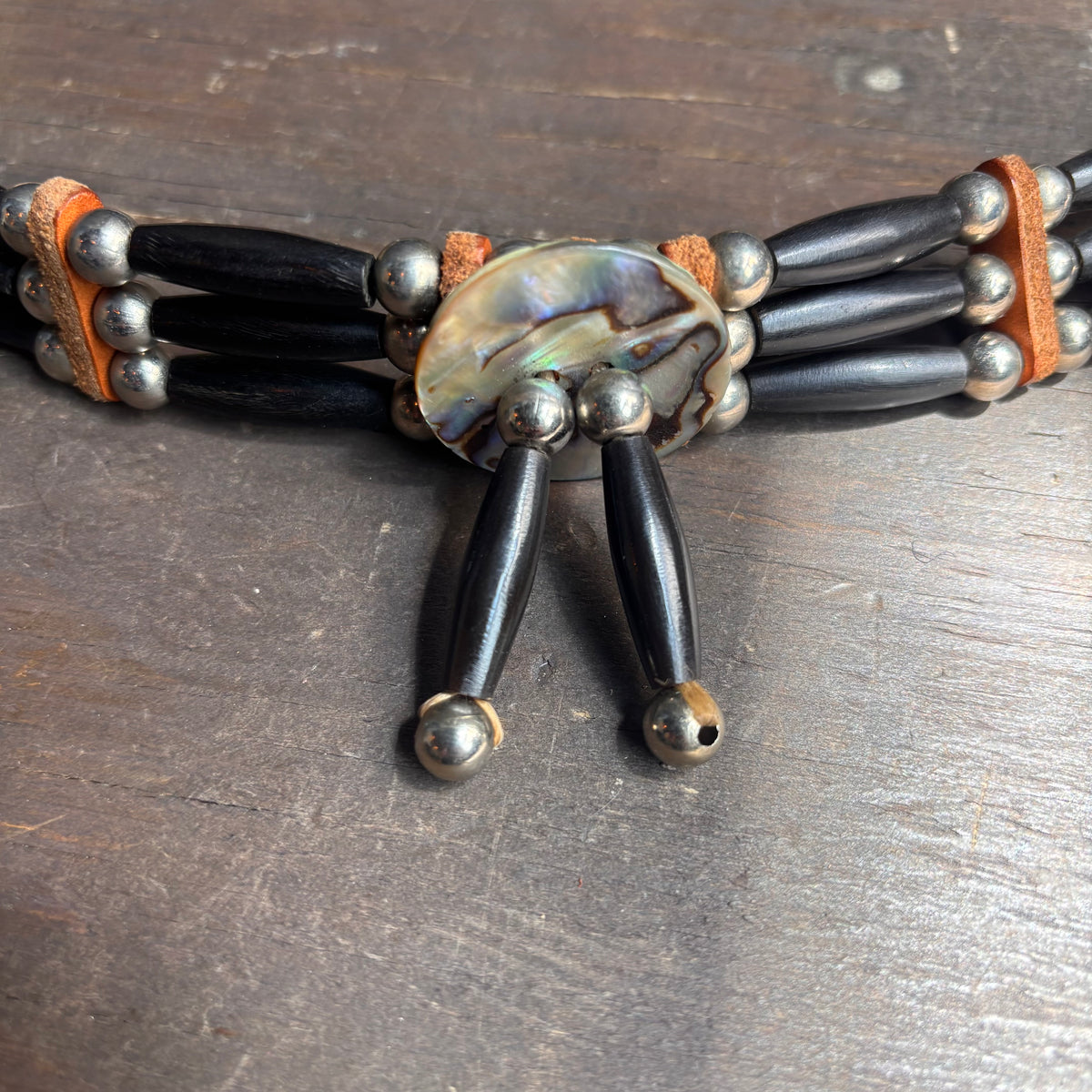 Vintage Beaded Leather Hat Band with Abalone