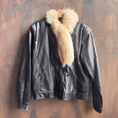 Vintage Black Leather Bomber with Fur