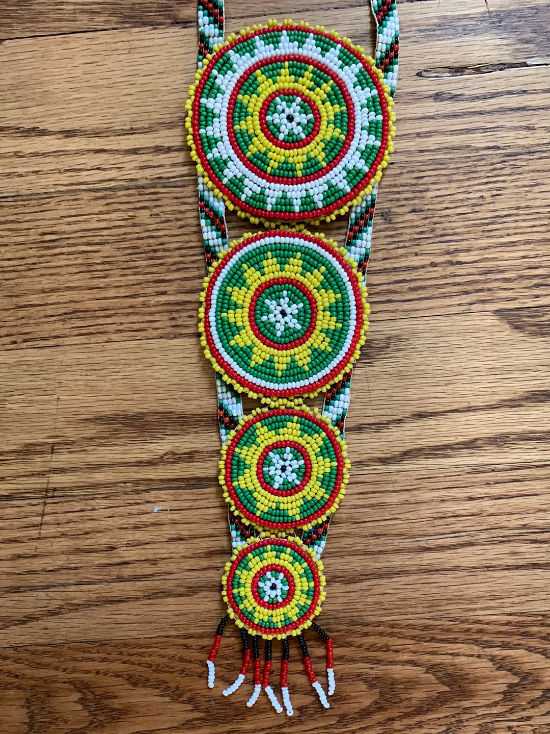 Beaded red, green & yellow multi-medallion tie