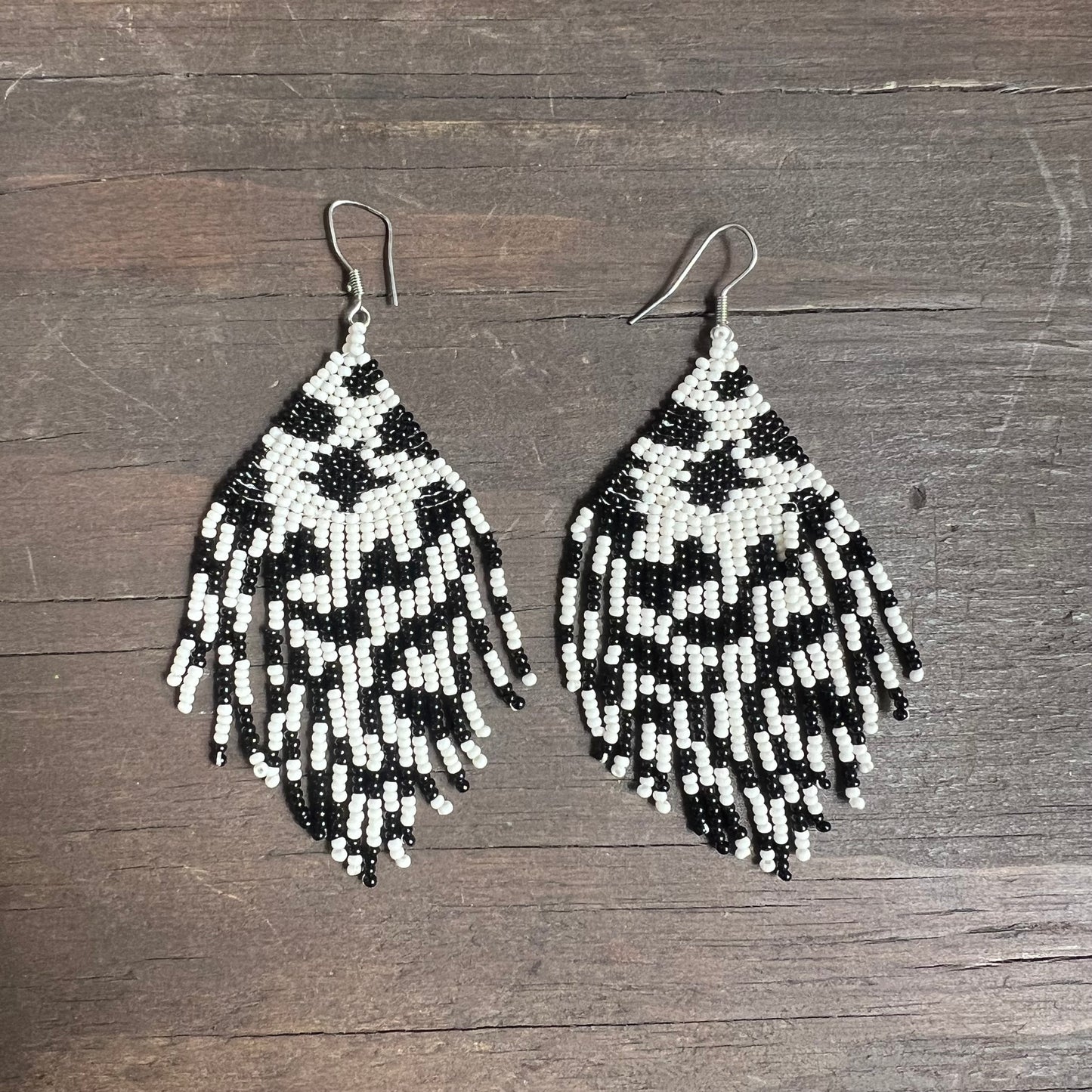 Black and White Beaded Tassel Earrings