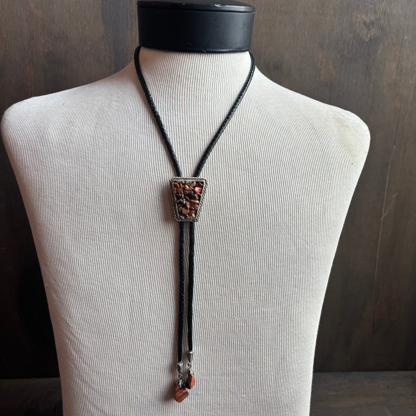 Multi Stone Bolo on Black Leather Tie