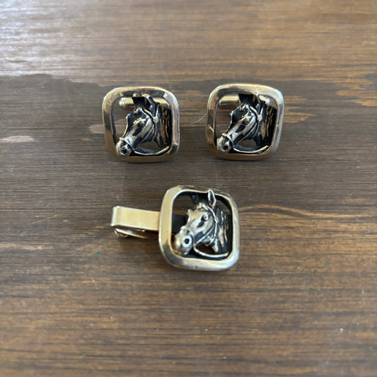 Horse Head Cufflink and Tie Clip Set