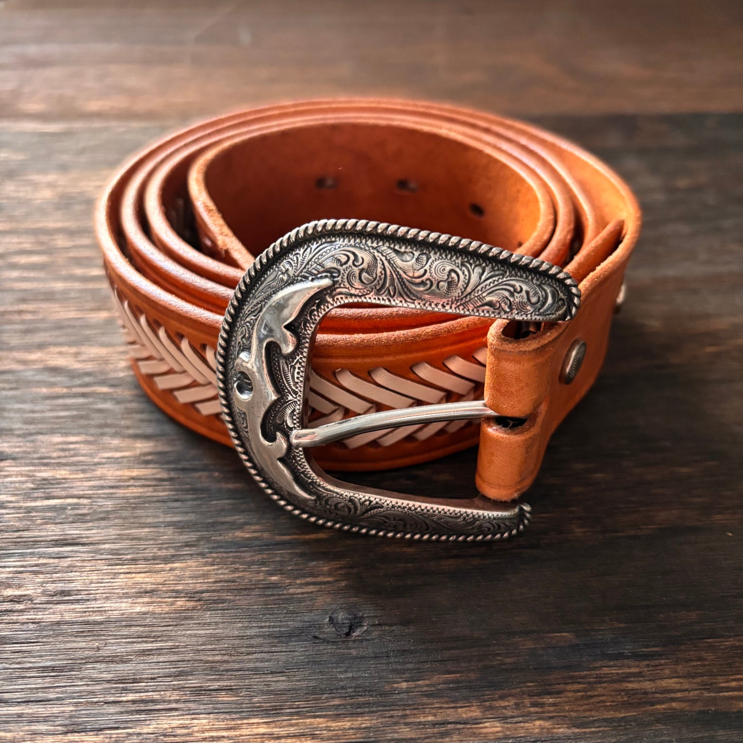 Tan Leather Belt with Cream Braid Detail