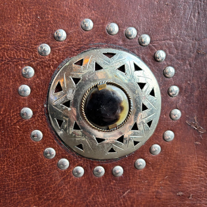Brown Leather Bag with Faux Stone