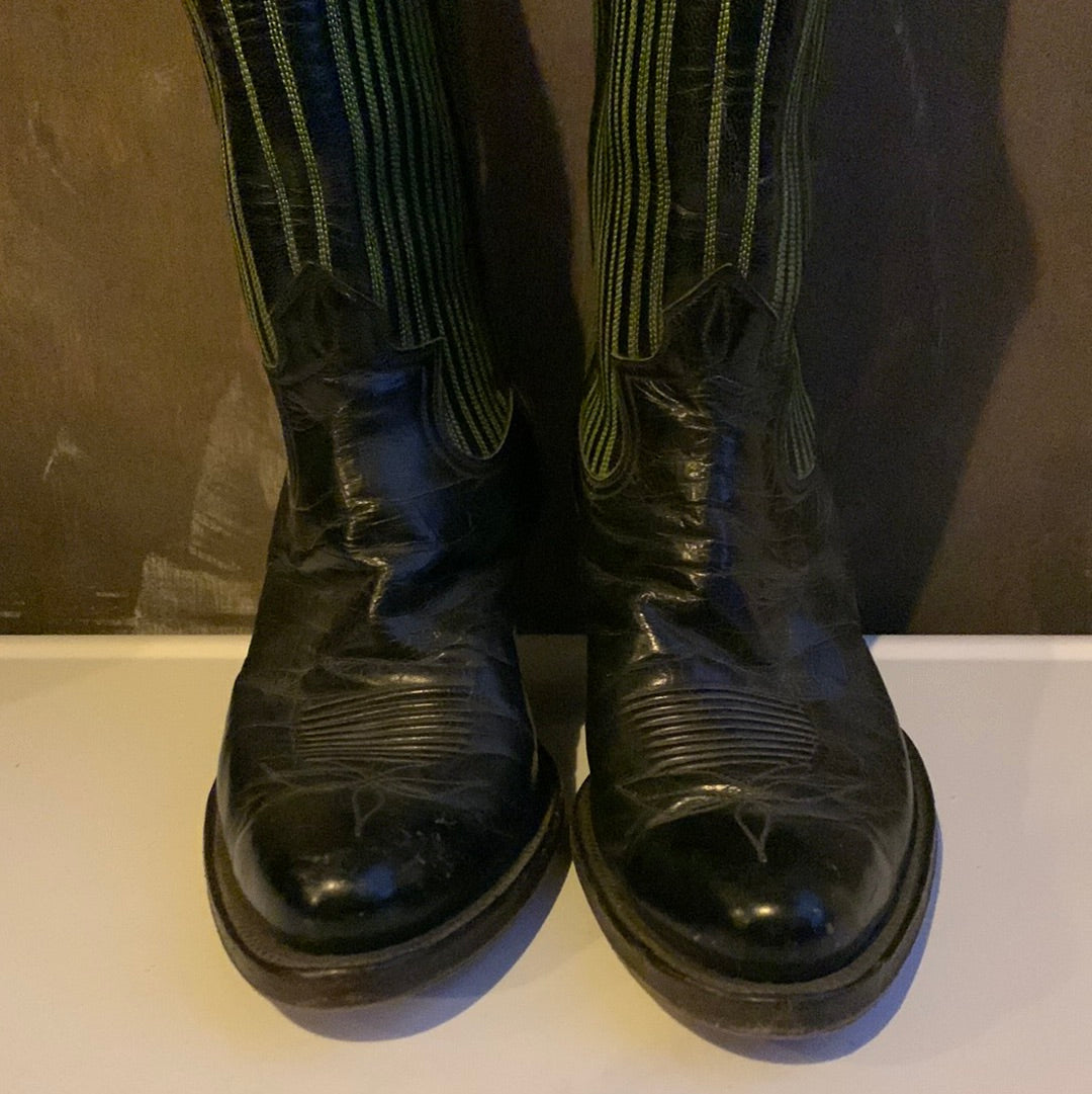 Black leather Western boot with green & yellow stitched tulips