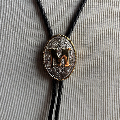 Hollywood Style "M" Bolo on Black Leather Tie