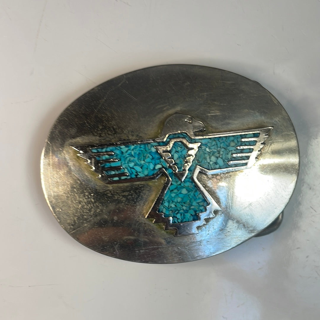 Silver Belt Buckle with Turquoise Thunderbird