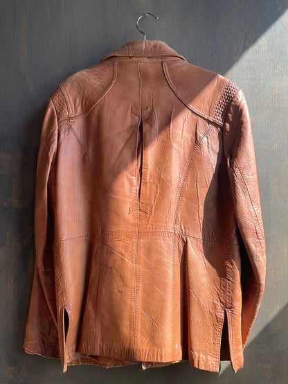 Brown Leather Jacket with Woven Details