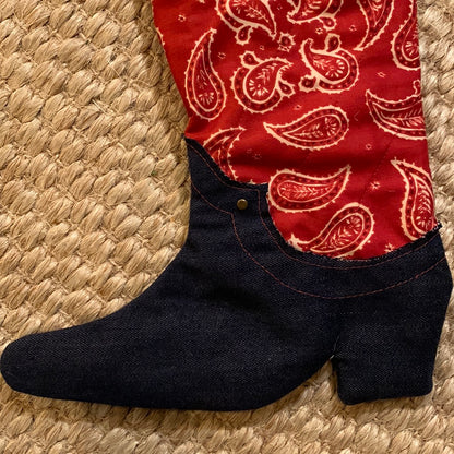 Cowboy boot red bandana & denim stocking