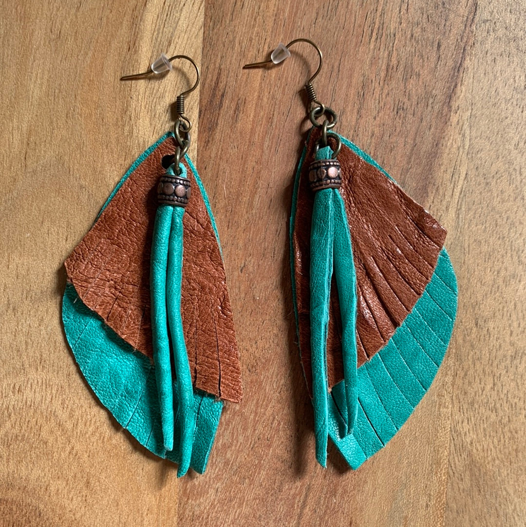 Turquoise & brown leather earrings with metal bead