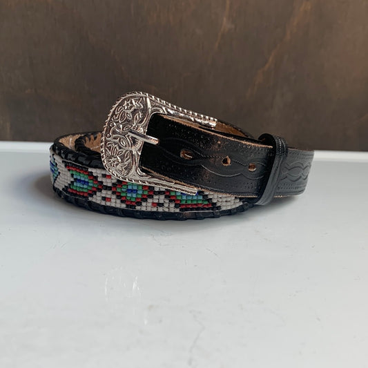 Black beaded belt with silver buckle
