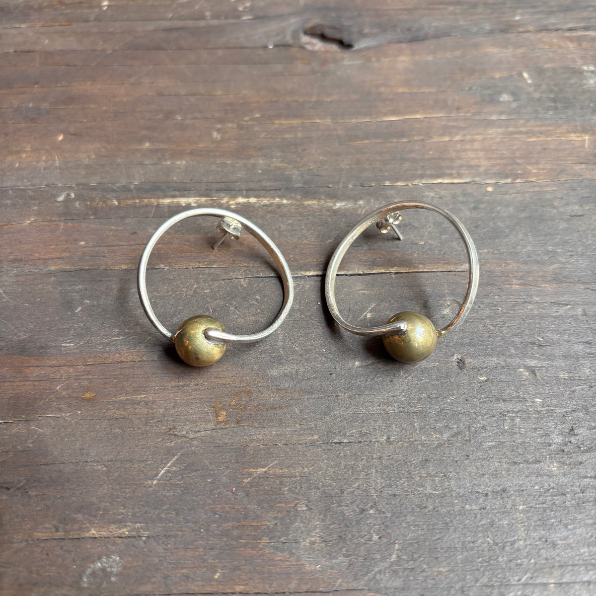 Silver Hoops with Brass Ball