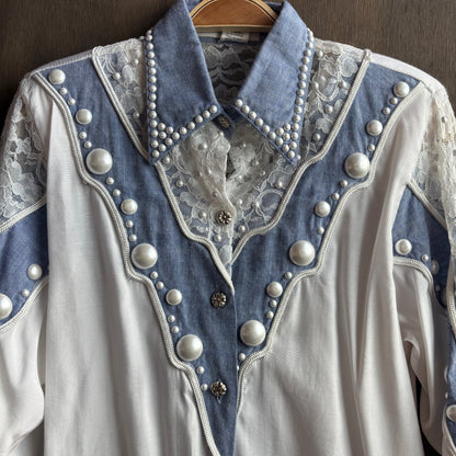 Vintage Denim Shirt with Pearls and Lace