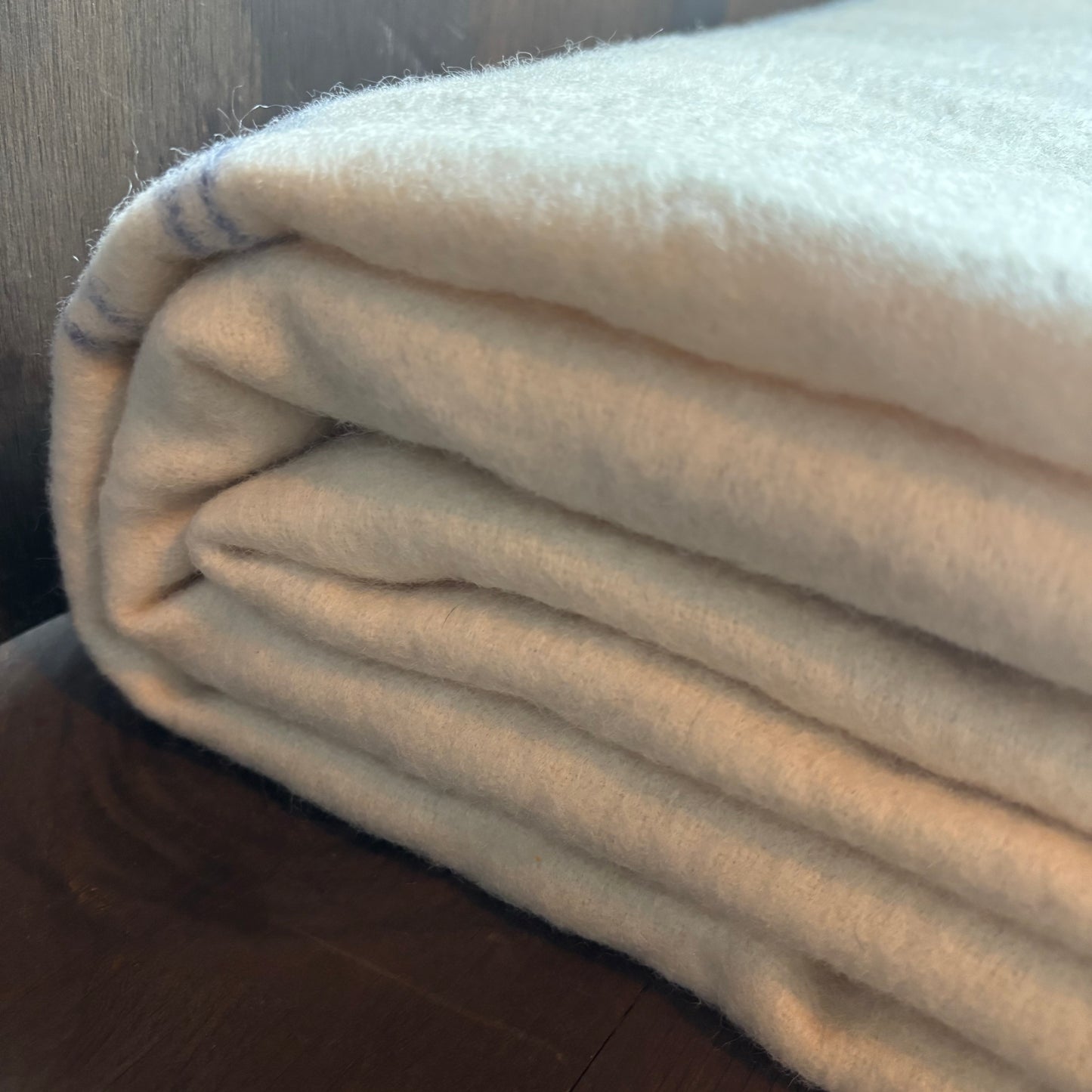 Cream Wool Blanket with Light Blue Stripe