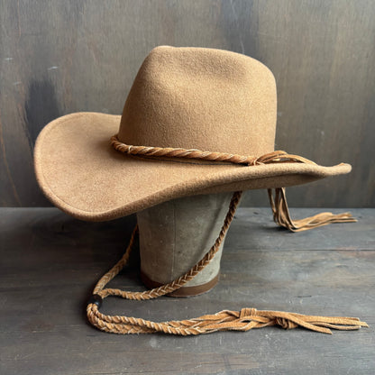 Tan Wool Hat with Braided Band and Chin Strap