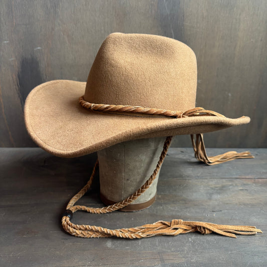 Tan Wool Hat with Braided Band and Chin Strap