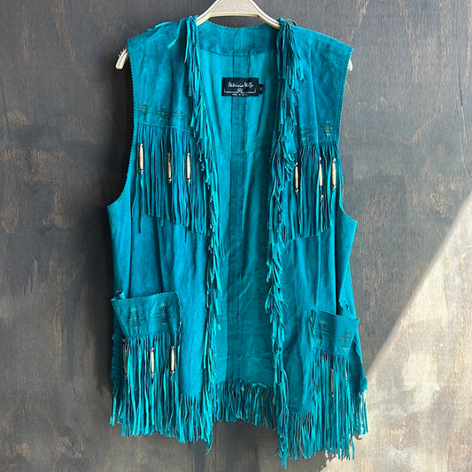 Patricia Wolf Leather Vest with Fringe, Beads and Painted Designs