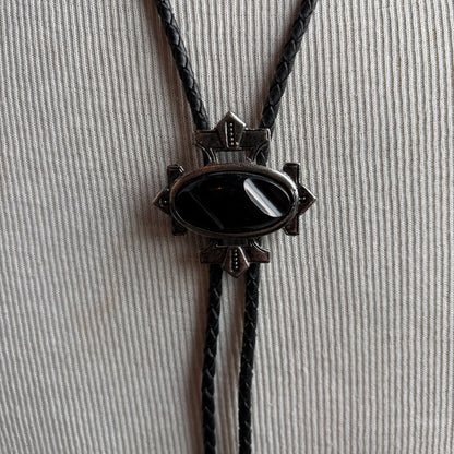 Graphic Black Bolo on Black Leather Tie