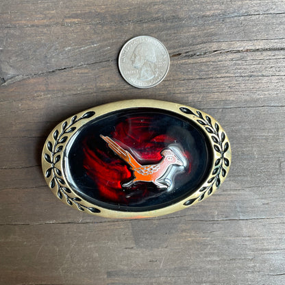 Vintage Enamel Roadrunner Brass Belt Buckle