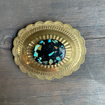 Brass Concho Turquoise Chip Belt Buckle