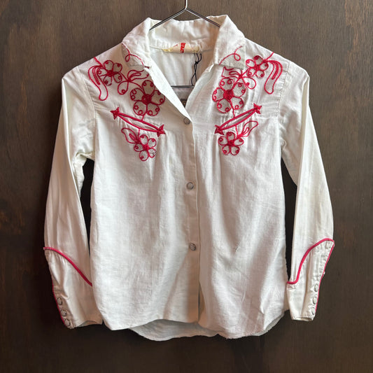 Vintage White Kids Pearl Snap with Red Embroidery