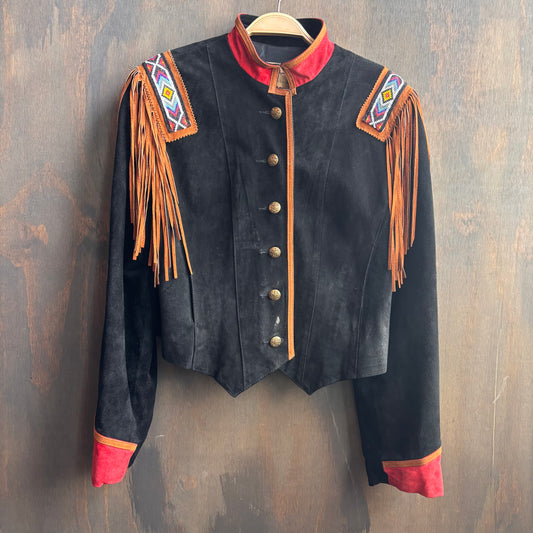 Frontier Black Cropped Jacket with Fringe