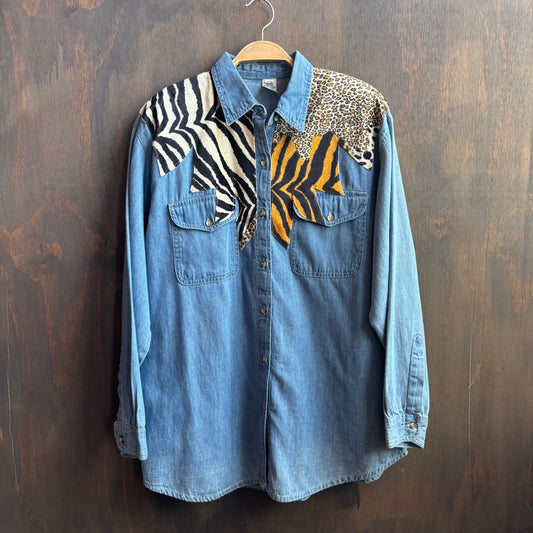 Denim Button Up with Animal Print