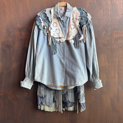 Light Blue Denim Shirt and Leather Skirt Set