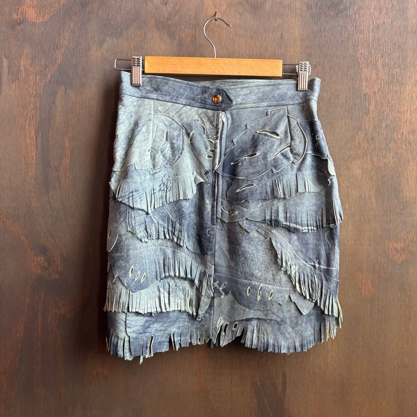 Light Blue Denim Shirt and Leather Skirt Set